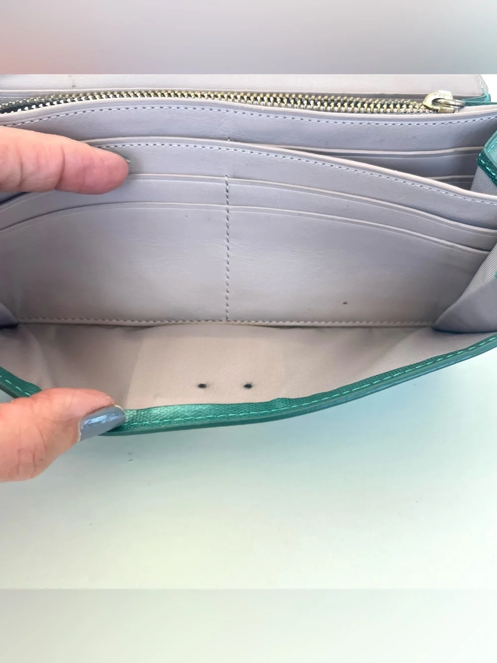 TUMI Sage Shimmer Green Leather Flap Closure Dual Compartment Spacious Wallet